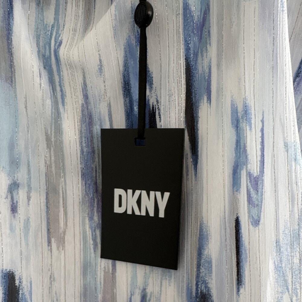 DKNY Women’s Size M Blue/White Abstract Chiffon Tank Cami Square Neck Zip - Picture 6 of 7